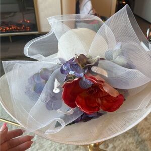 Elegant Kentucky Derby White Hat with Red and Purple Floral Accents